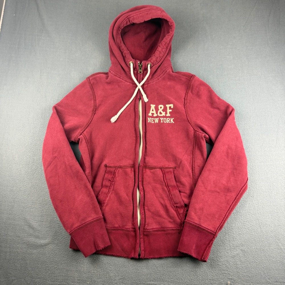 Abercrombie & Fitch Hoodie Men's M Red Full Zip Muscle Y2K Embroidered Distress